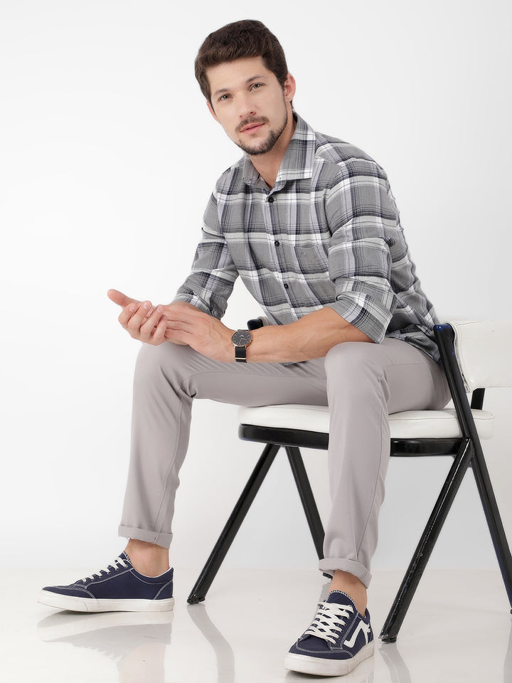 Grey 100% Cotton Checked Shirt-Men Shirts-Crimsoune Club