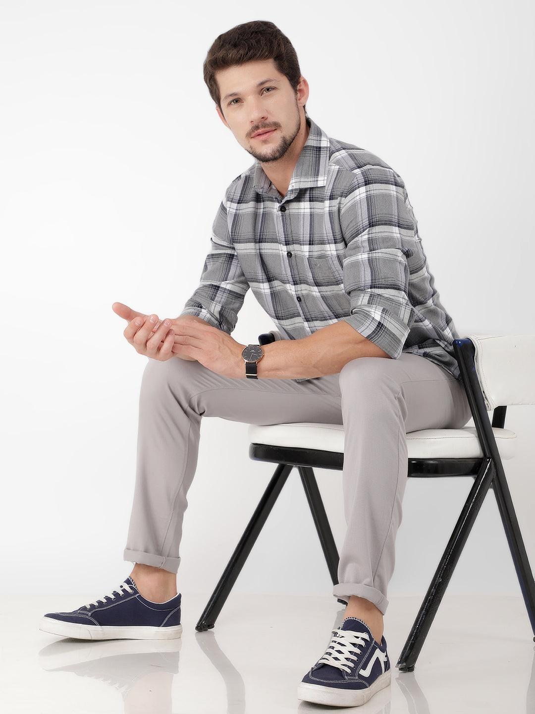 Grey 100% Cotton Checked Shirt-Men Shirts-Crimsoune Club