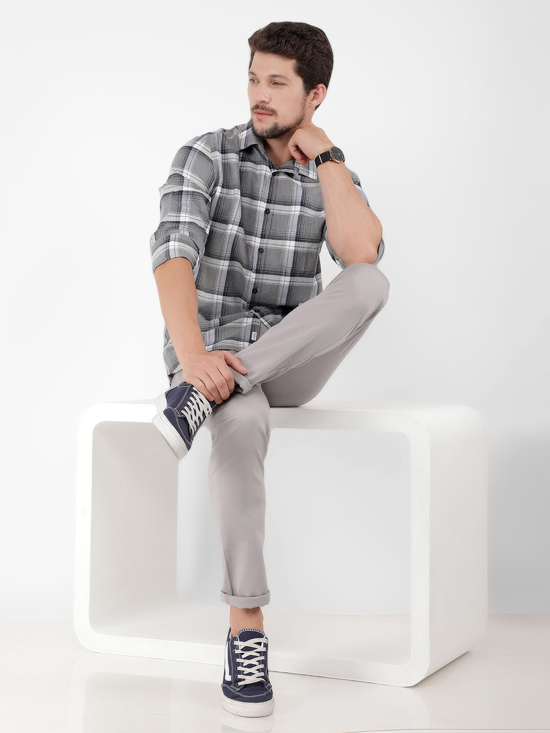 Grey 100% Cotton Checked Shirt-Men Shirts-Crimsoune Club