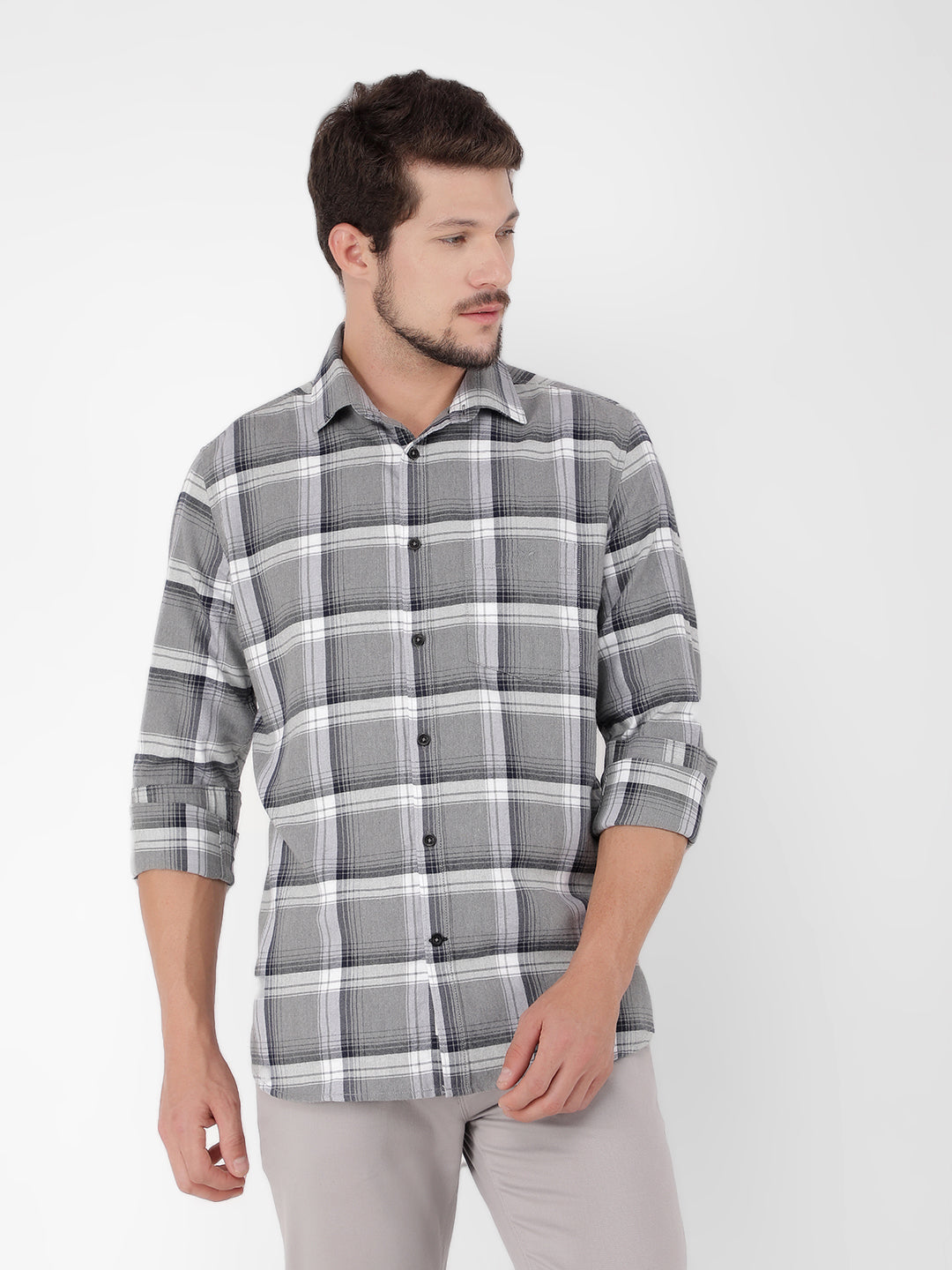 Grey 100% Cotton Checked Shirt-Men Shirts-Crimsoune Club
