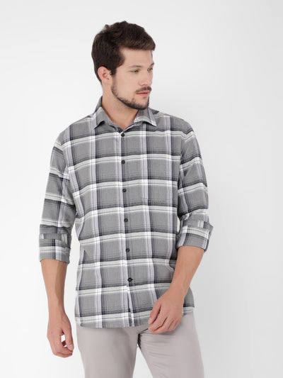 Grey 100% Cotton Checked Shirt-Men Shirts-Crimsoune Club