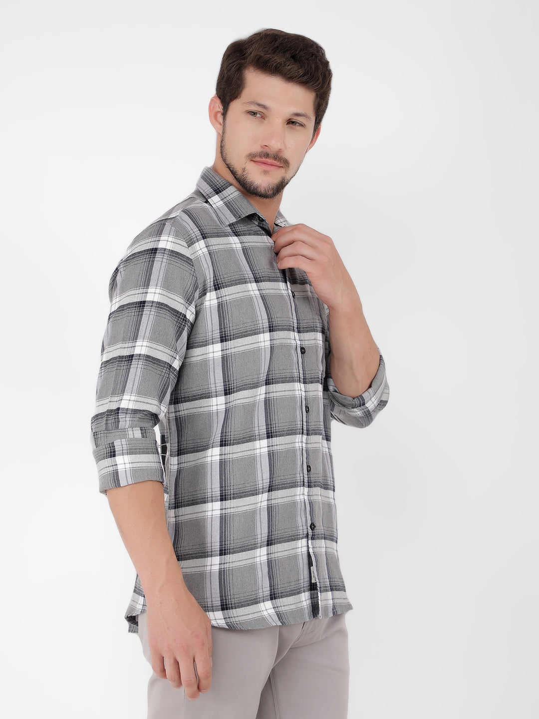 Grey 100% Cotton Checked Shirt-Men Shirts-Crimsoune Club