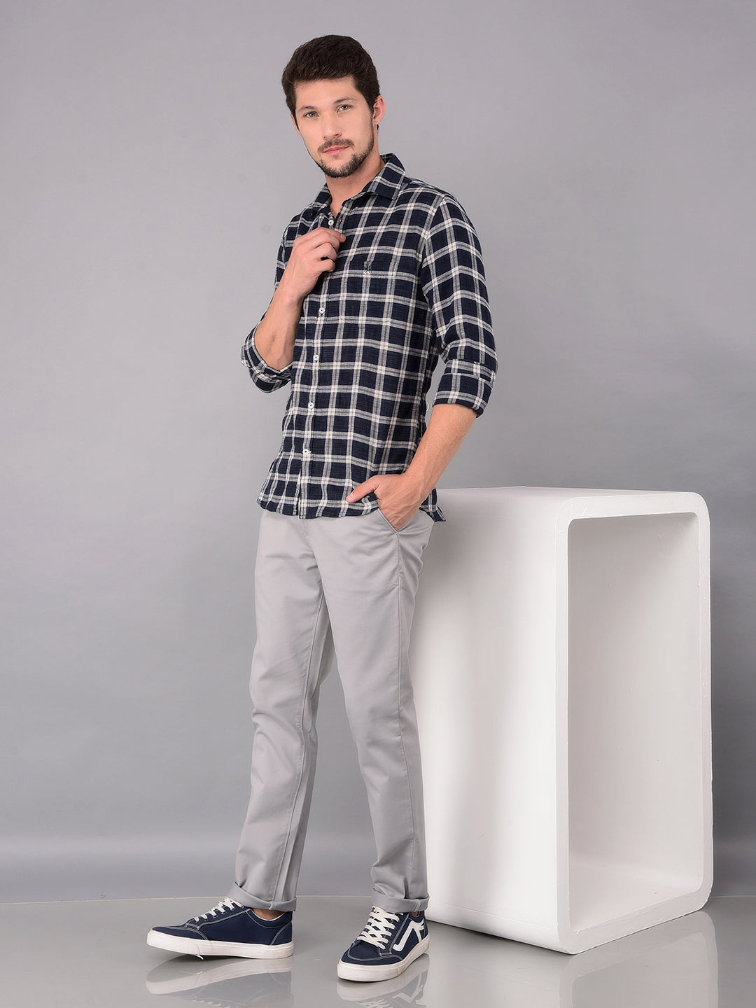 Navy Blue Checked Check Shirt-Men Shirts-Crimsoune Club