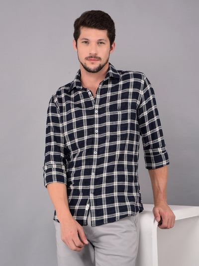 Navy Blue Checked Check Shirt-Men Shirts-Crimsoune Club