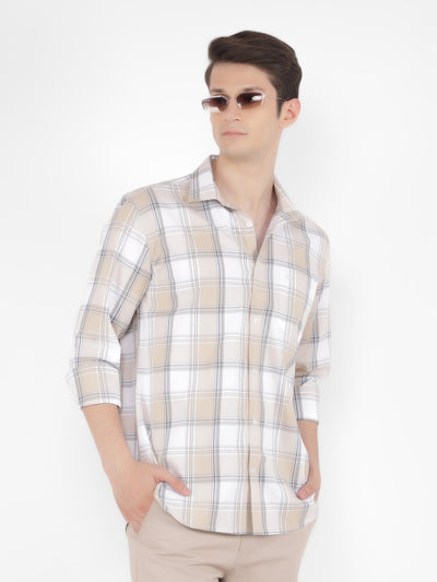 Beige 100% Cotton Checked Shirt-Men Shirts-Crimsoune Club