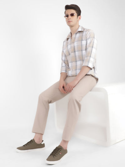 Beige 100% Cotton Checked Shirt-Men Shirts-Crimsoune Club