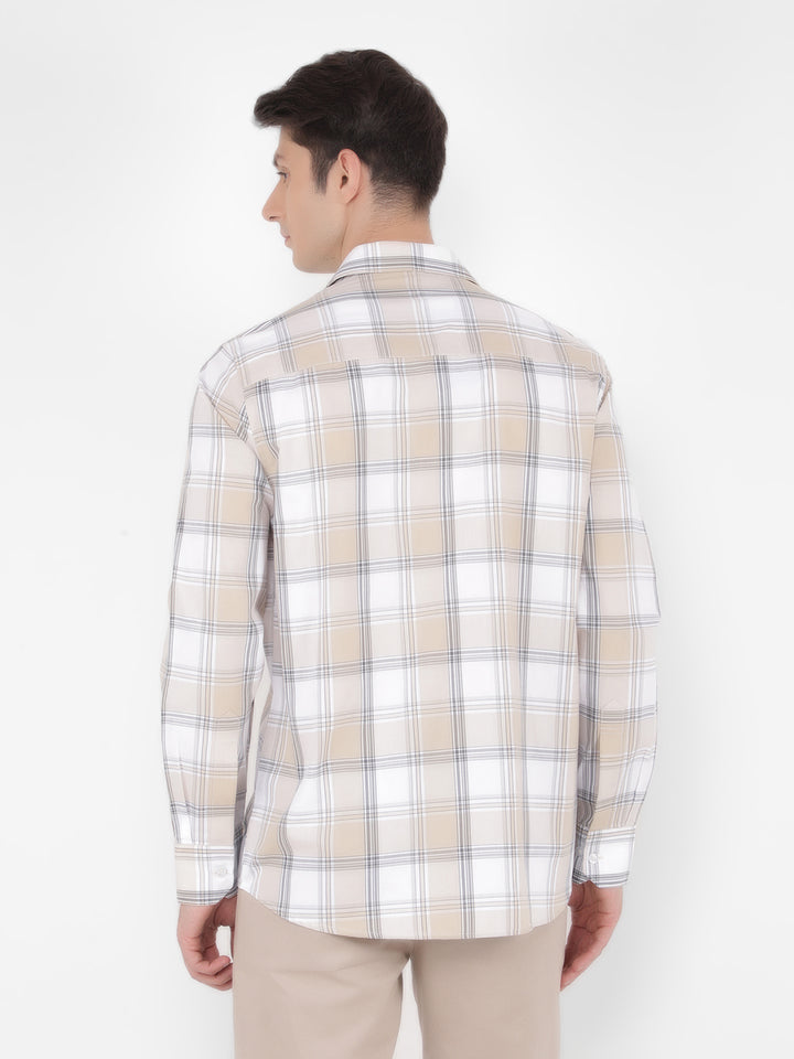 Beige 100% Cotton Checked Shirt-Men Shirts-Crimsoune Club