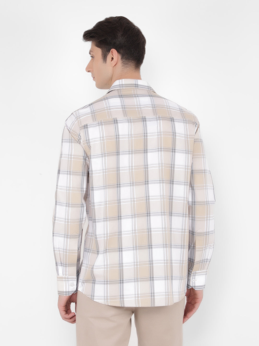Beige 100% Cotton Checked Shirt-Men Shirts-Crimsoune Club