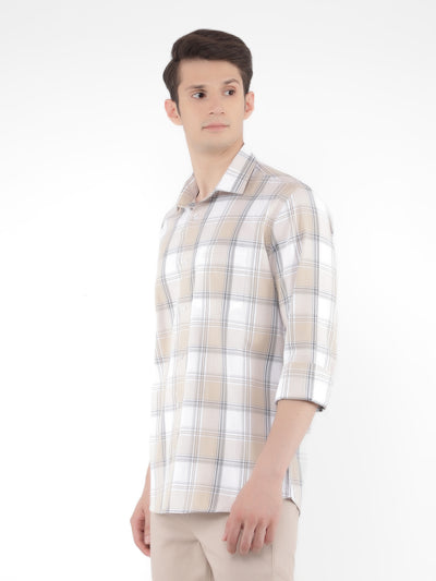 Beige 100% Cotton Checked Shirt-Men Shirts-Crimsoune Club