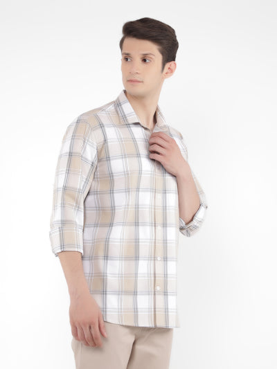 Beige 100% Cotton Checked Shirt-Men Shirts-Crimsoune Club