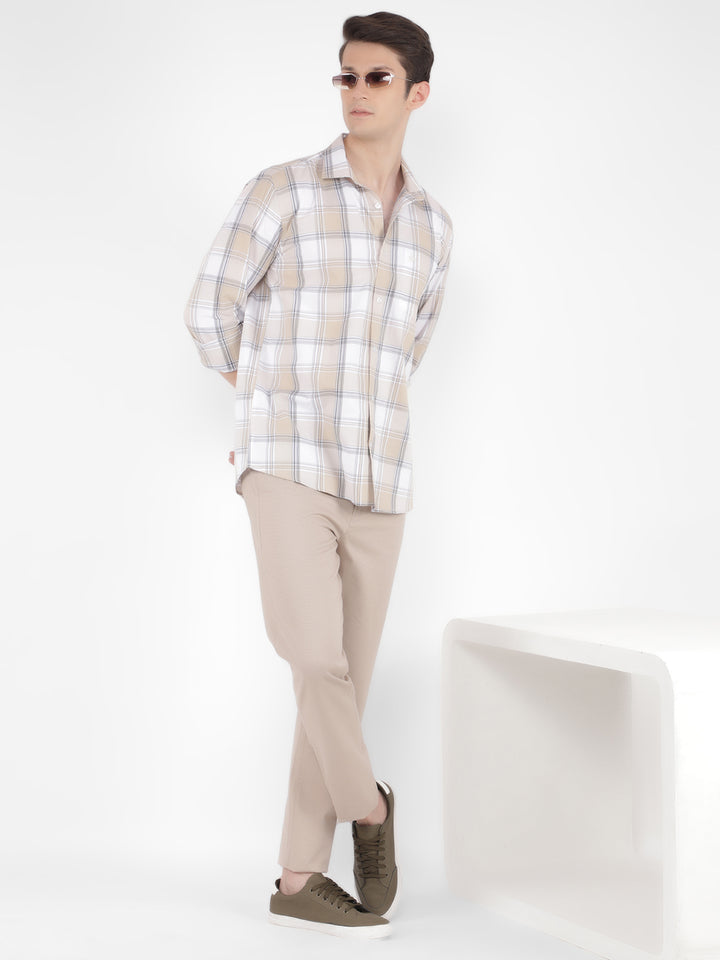 Beige 100% Cotton Checked Shirt-Men Shirts-Crimsoune Club