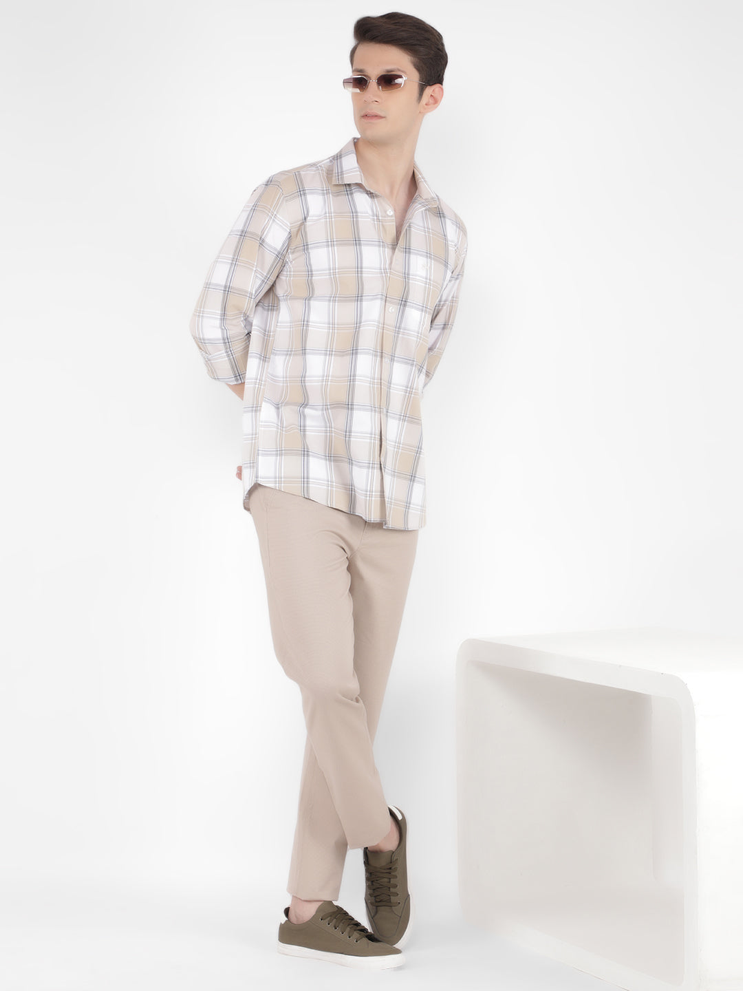Beige 100% Cotton Checked Shirt-Men Shirts-Crimsoune Club