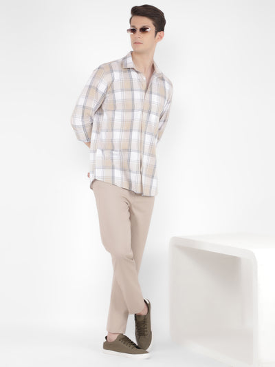 Beige 100% Cotton Checked Shirt-Men Shirts-Crimsoune Club