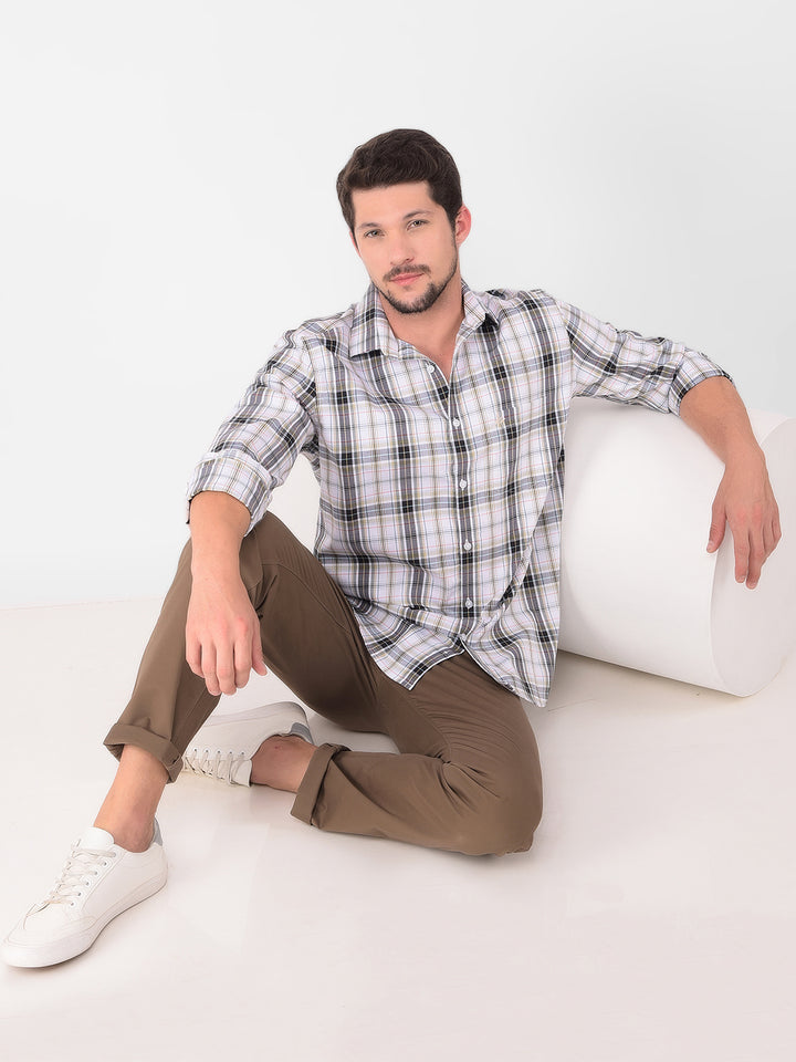 Beige 100% Cotton Checked Shirt-Men Shirts-Crimsoune Club