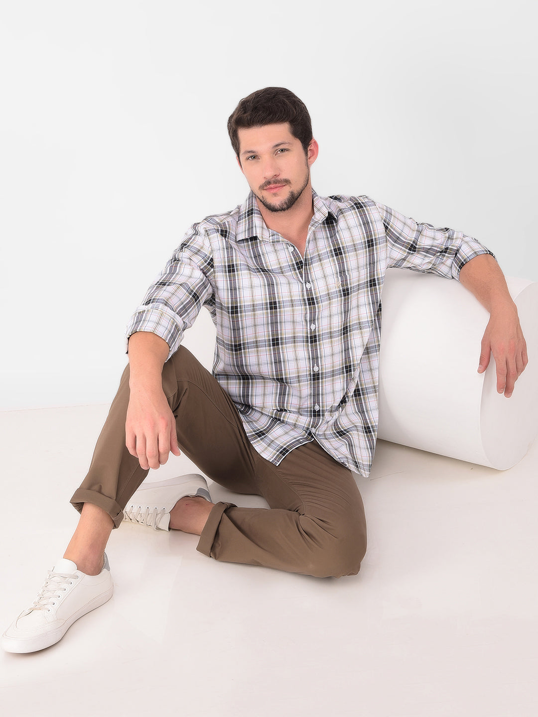 Beige 100% Cotton Checked Shirt-Men Shirts-Crimsoune Club