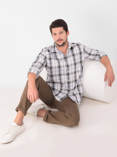 Beige 100% Cotton Checked Shirt-Men Shirts-Crimsoune Club