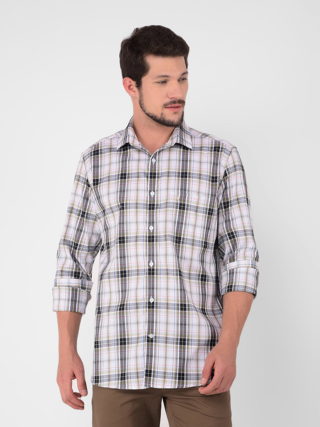 Beige 100% Cotton Checked Shirt-Men Shirts-Crimsoune Club