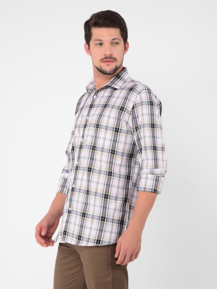 Beige 100% Cotton Checked Shirt-Men Shirts-Crimsoune Club