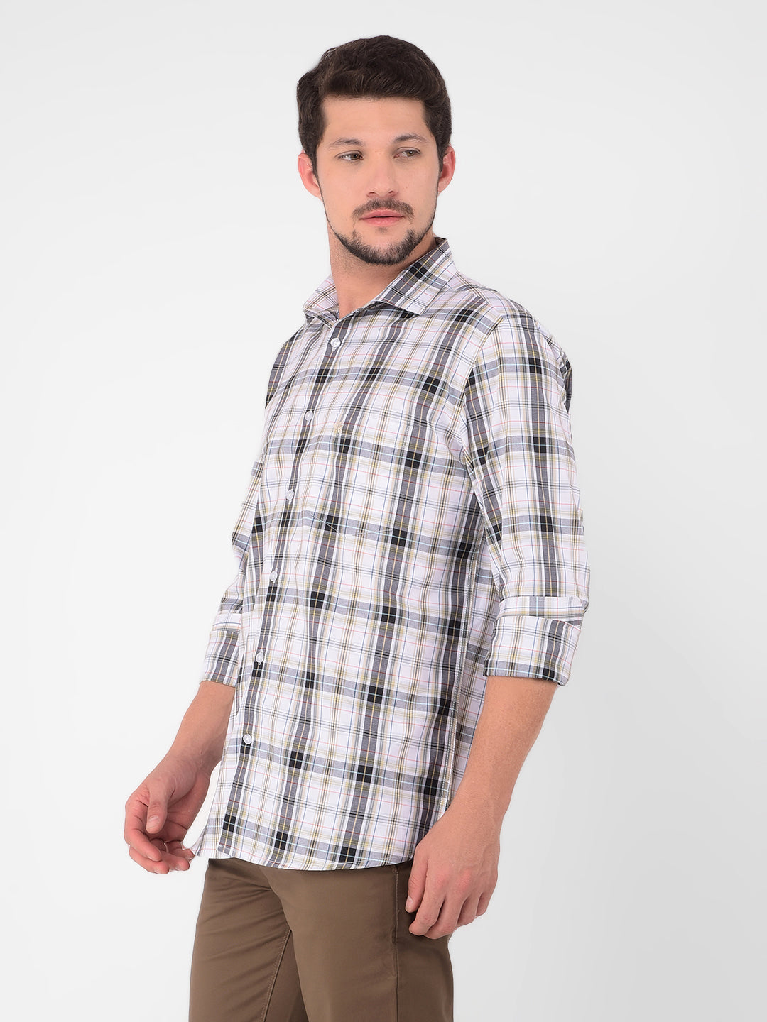 Beige 100% Cotton Checked Shirt-Men Shirts-Crimsoune Club