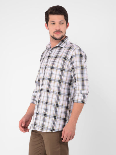 Beige 100% Cotton Checked Shirt-Men Shirts-Crimsoune Club