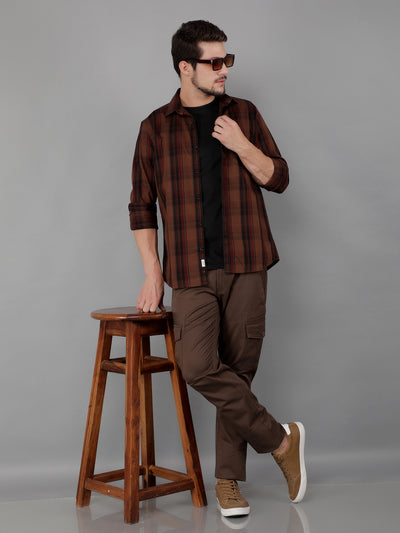 Brown 100% Cotton Checked Shirt-Men Shirts-Crimsoune Club