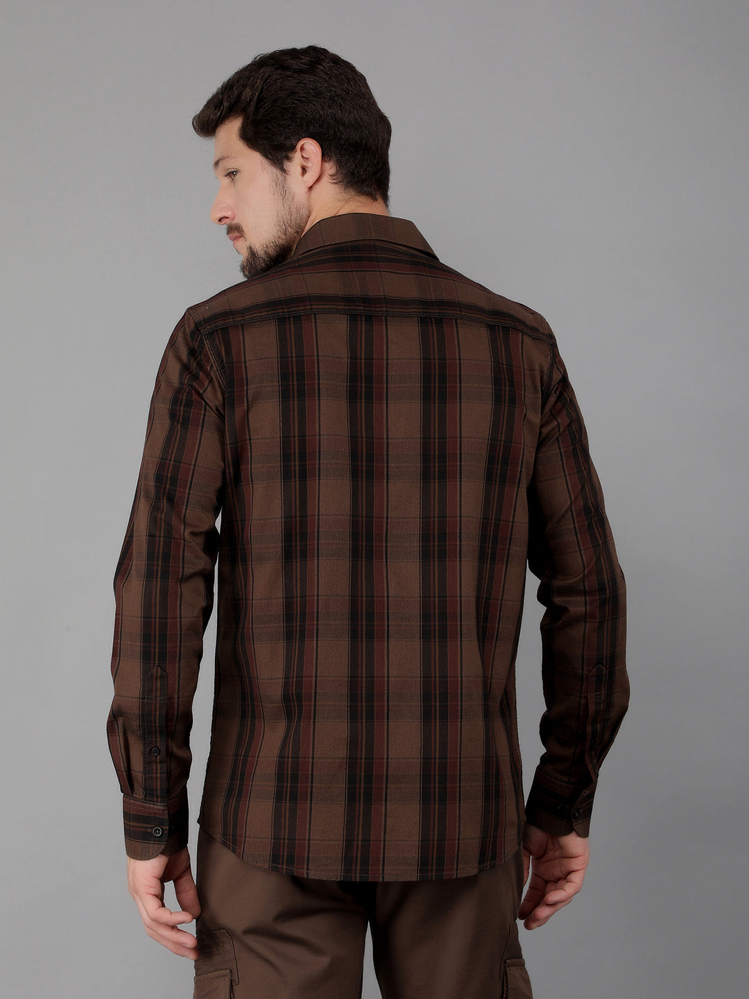 Brown 100% Cotton Checked Shirt-Men Shirts-Crimsoune Club