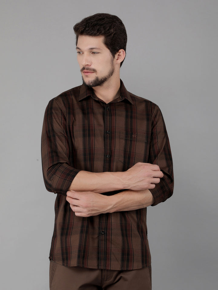 Brown 100% Cotton Checked Shirt-Men Shirts-Crimsoune Club