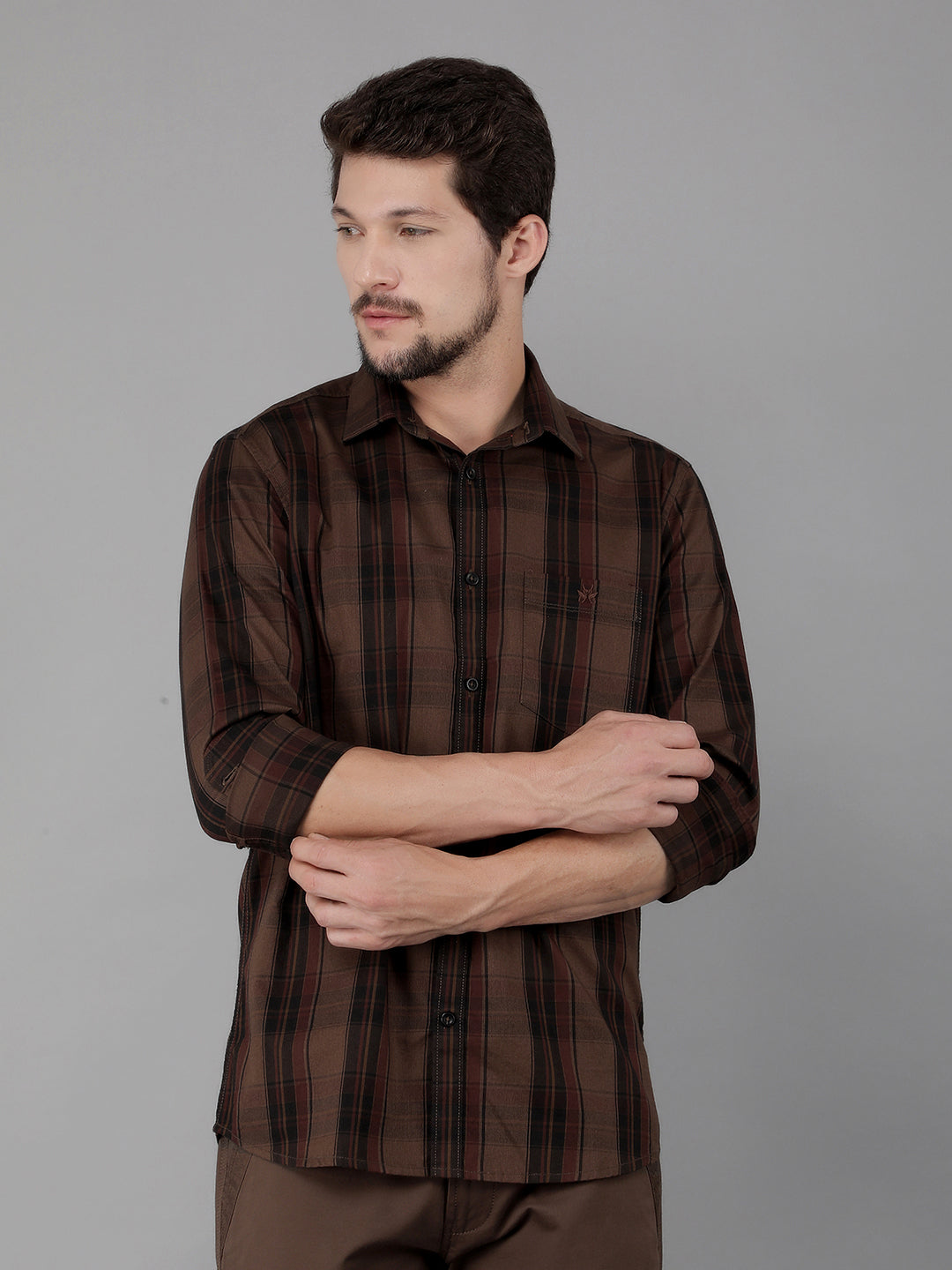 Brown 100% Cotton Checked Shirt-Men Shirts-Crimsoune Club
