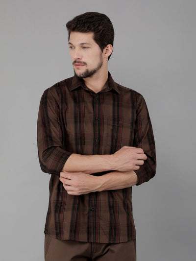 Brown 100% Cotton Checked Shirt-Men Shirts-Crimsoune Club