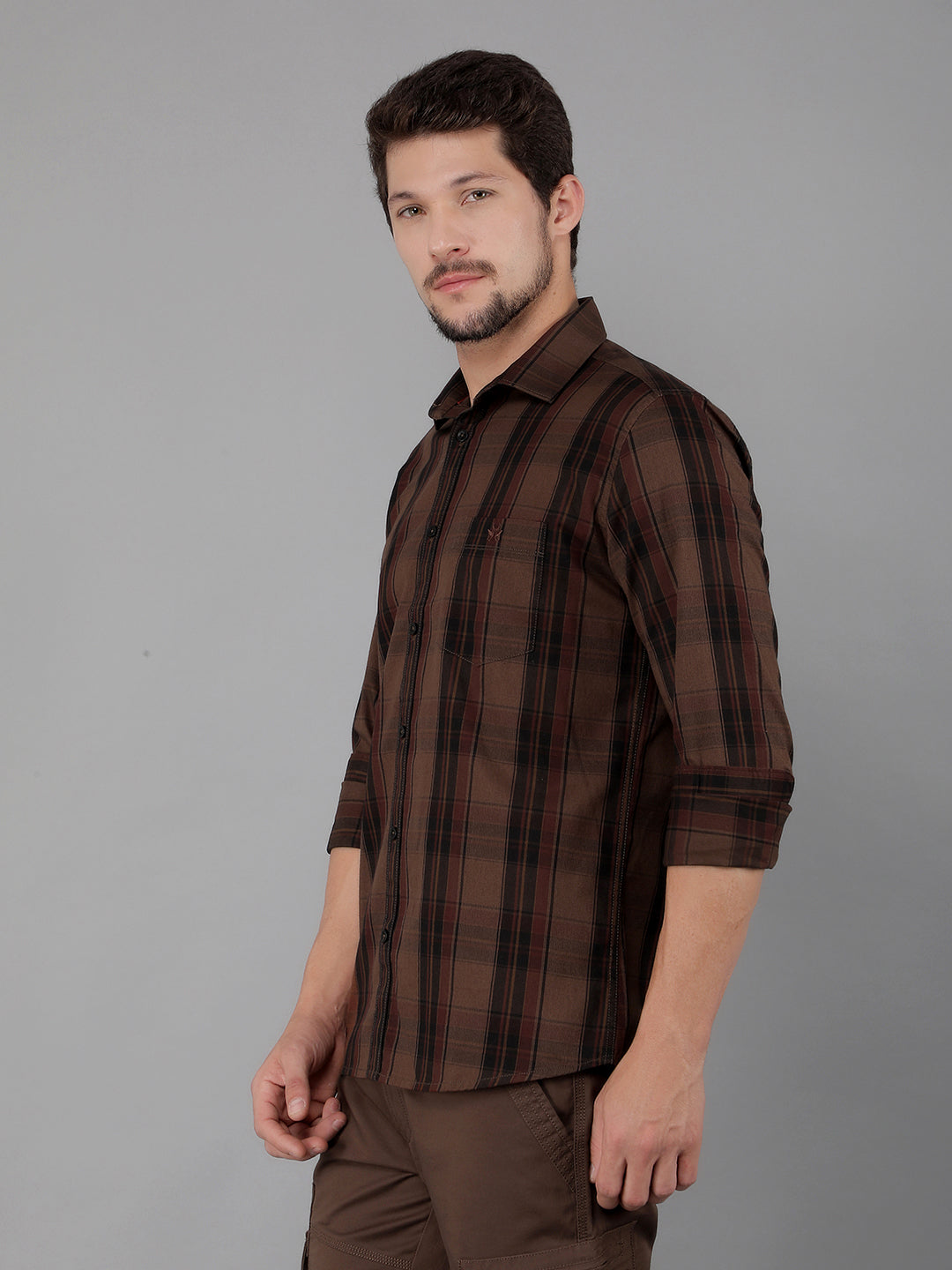 Brown 100% Cotton Checked Shirt-Men Shirts-Crimsoune Club