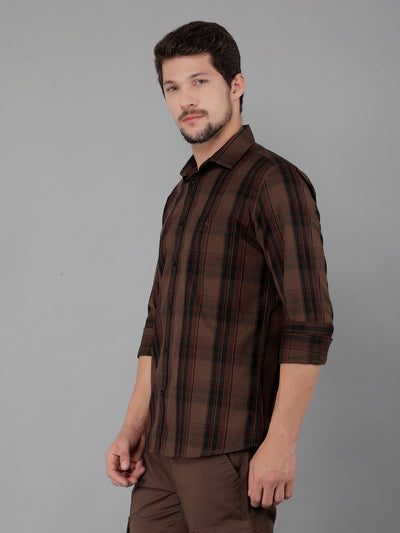 Brown 100% Cotton Checked Shirt-Men Shirts-Crimsoune Club