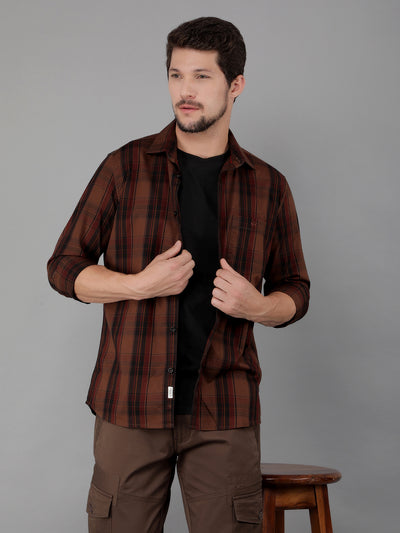 Brown 100% Cotton Checked Shirt-Men Shirts-Crimsoune Club