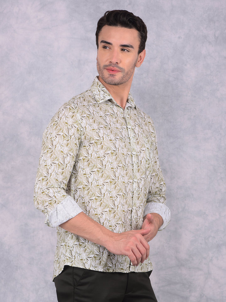 Olive Floral Print Linen Shirt-Men Shirts-Crimsoune Club
