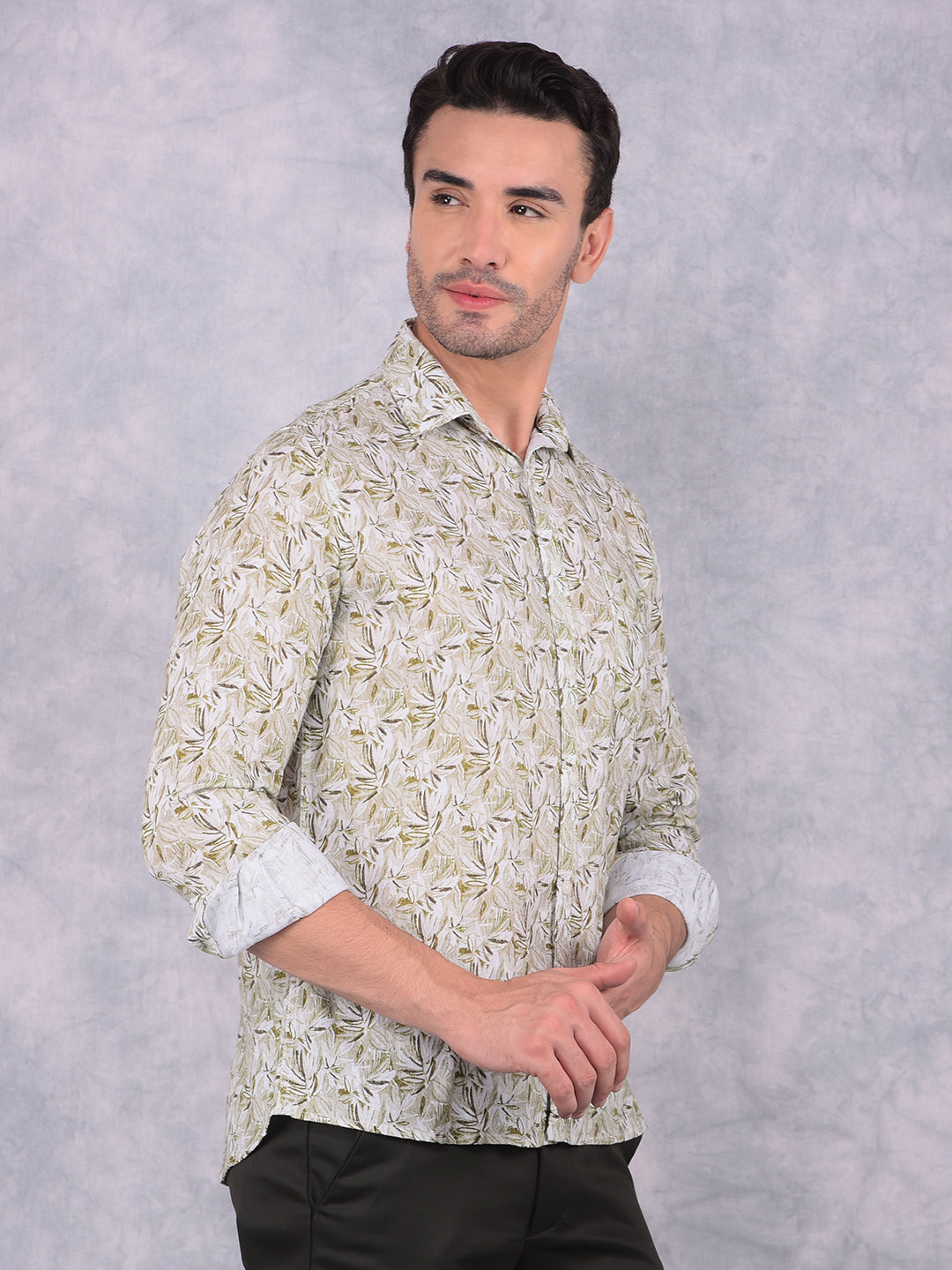 Olive Floral Print Linen Shirt-Men Shirts-Crimsoune Club