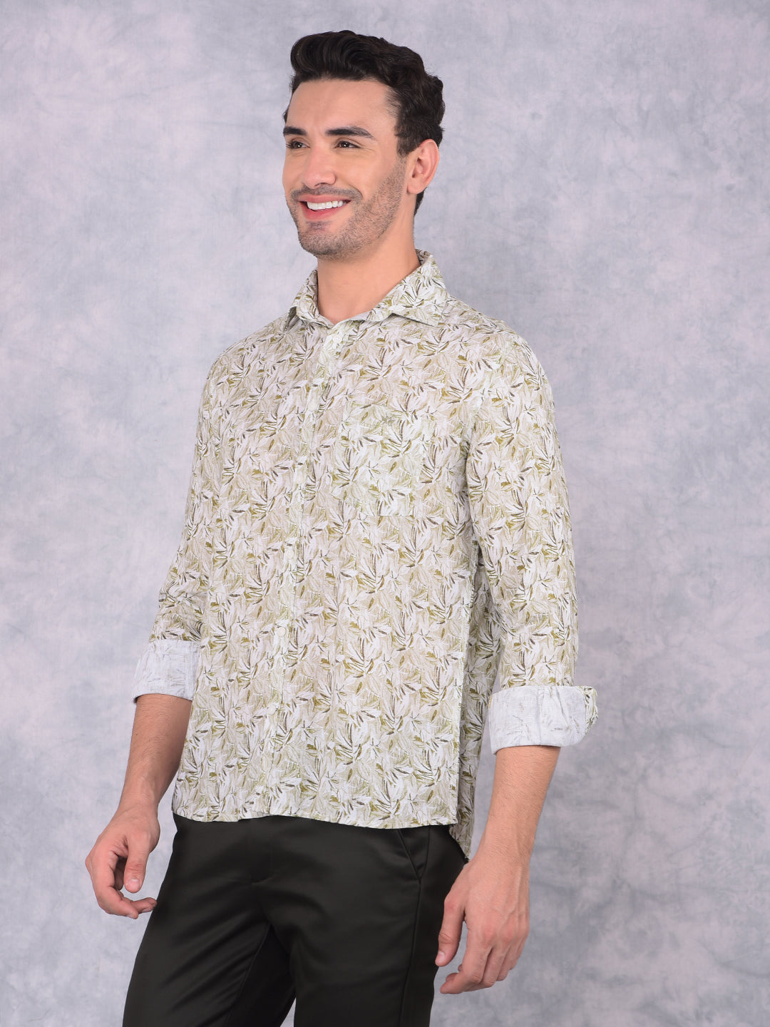 Olive Floral Print Linen Shirt-Men Shirts-Crimsoune Club