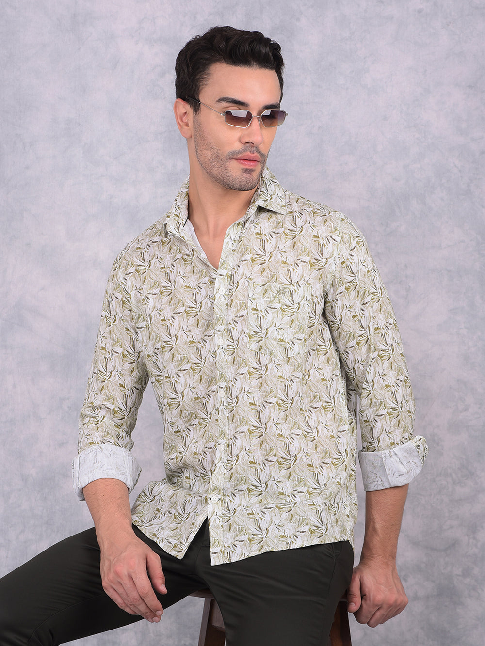 Olive Floral Print Linen Shirt-Men Shirts-Crimsoune Club