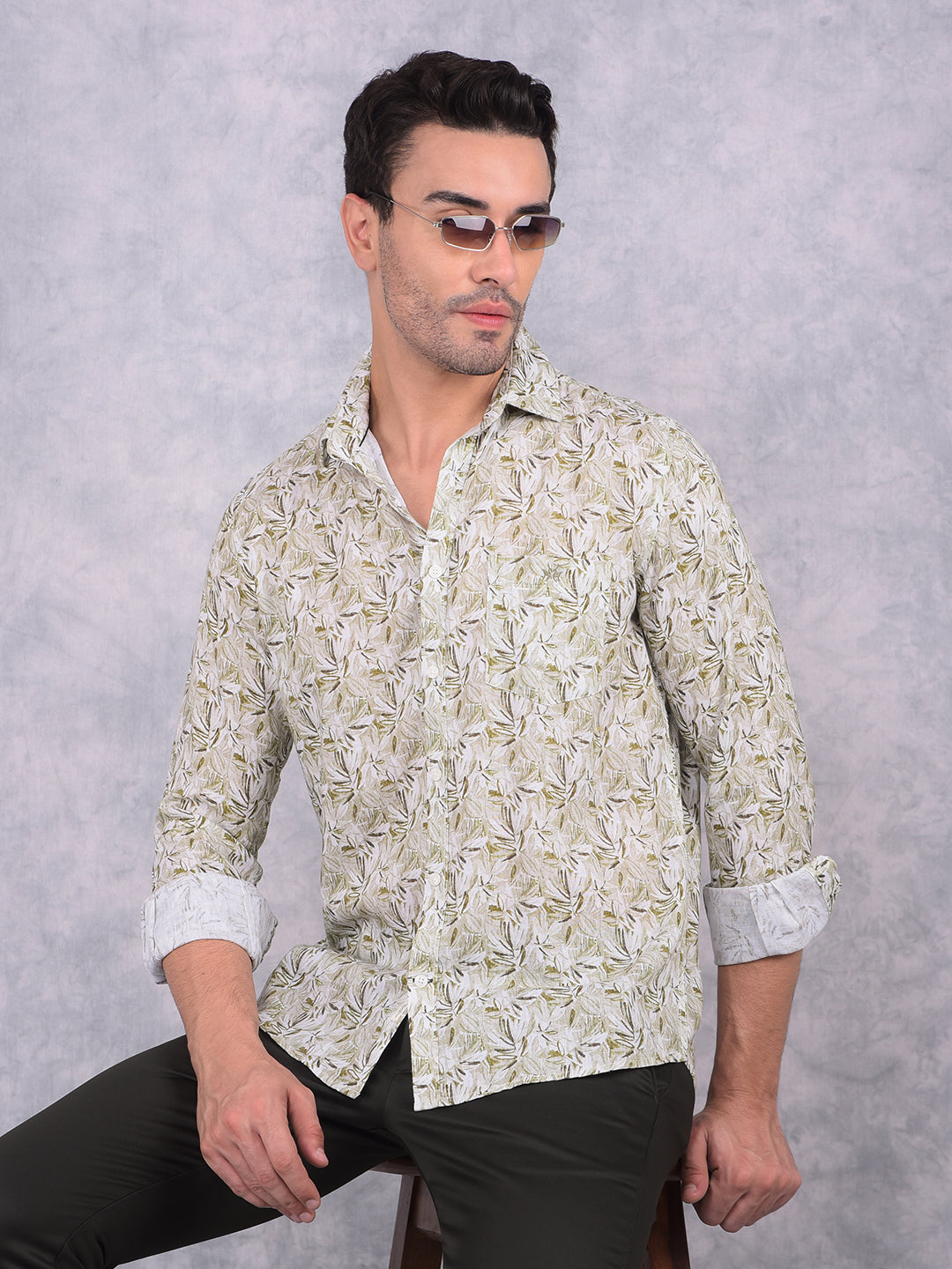 Olive Floral Print Linen Shirt-Men Shirts-Crimsoune Club