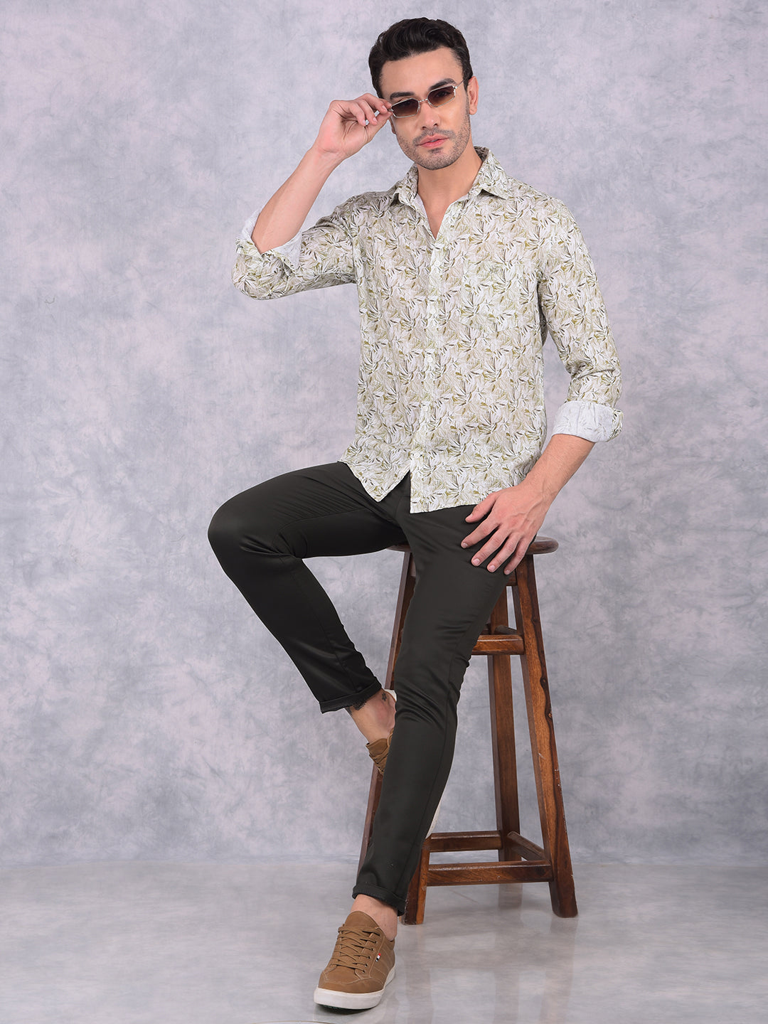 Olive Floral Print Linen Shirt-Men Shirts-Crimsoune Club