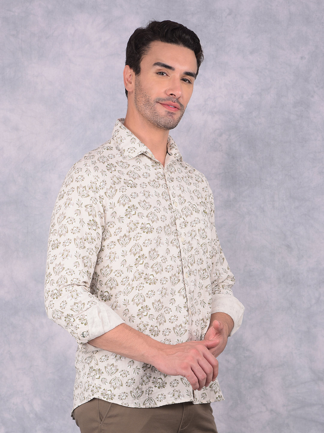 Olive Floral Print 100% Cotton Shirt-Men Shirts-Crimsoune Club