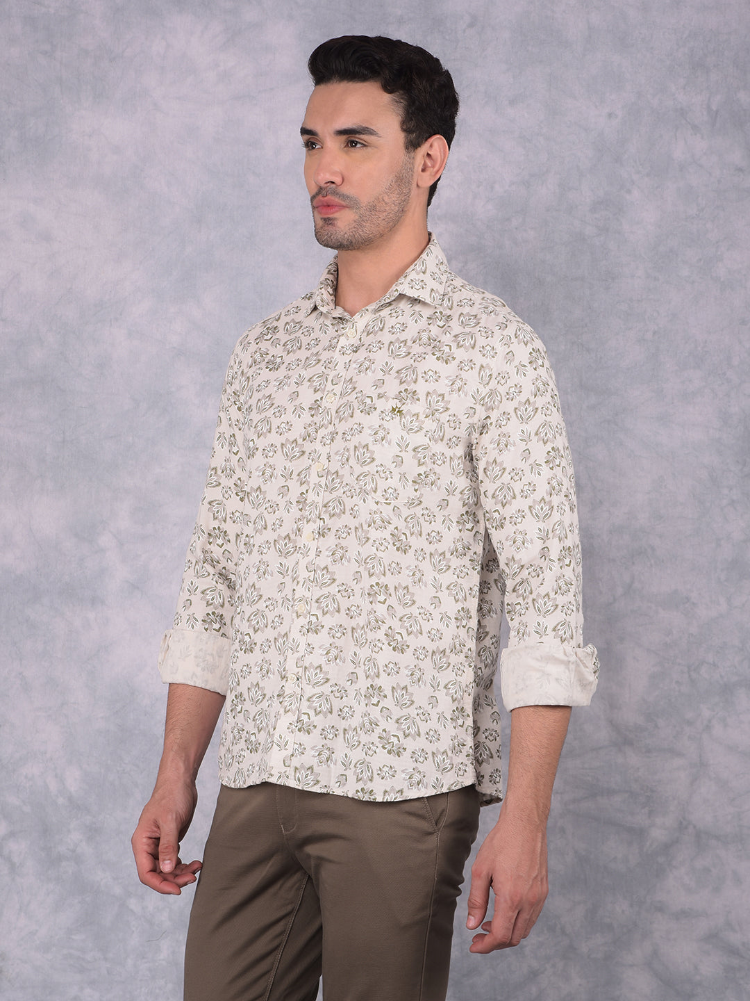 Olive Floral Print 100% Cotton Shirt-Men Shirts-Crimsoune Club