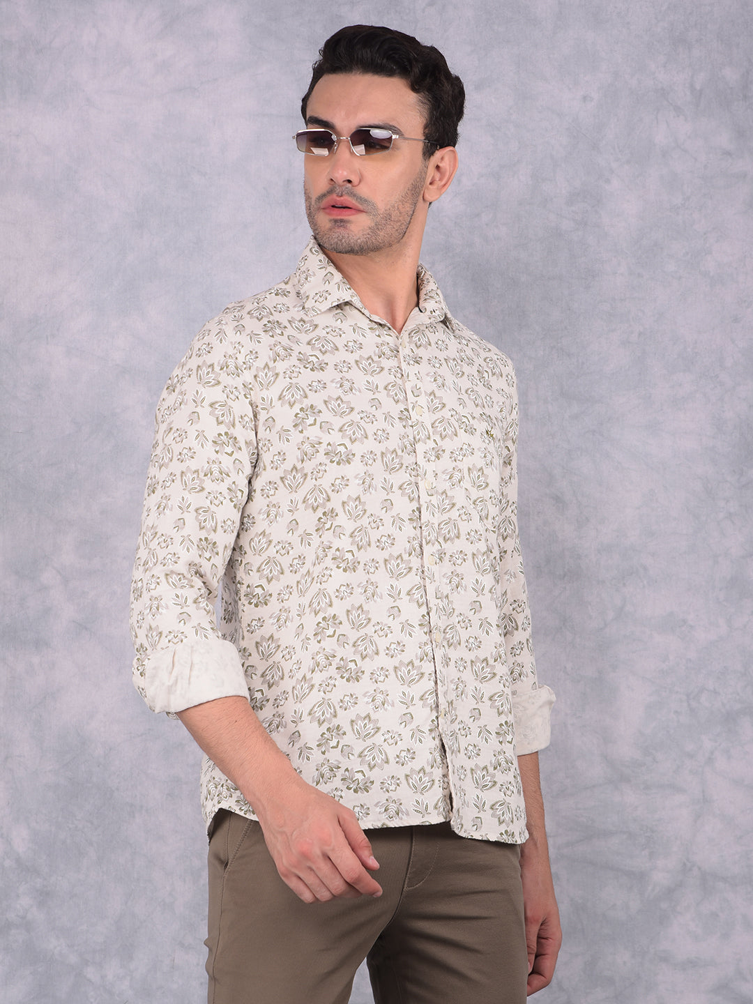 Olive Floral Print 100% Cotton Shirt-Men Shirts-Crimsoune Club