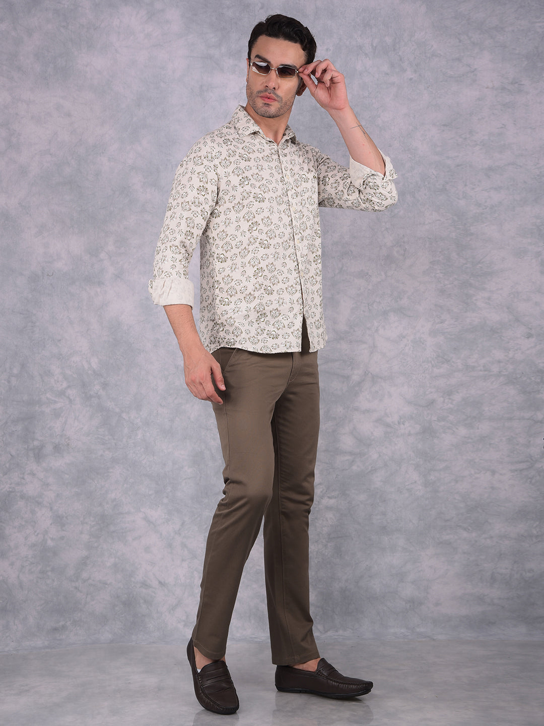Olive Floral Print 100% Cotton Shirt-Men Shirts-Crimsoune Club