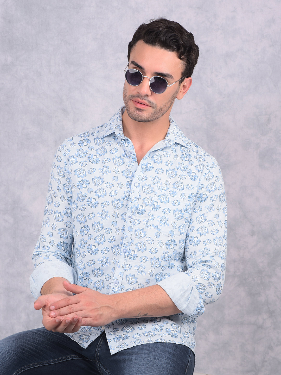 Blue Floral Print 100% Cotton Shirt-Men Shirts-Crimsoune Club