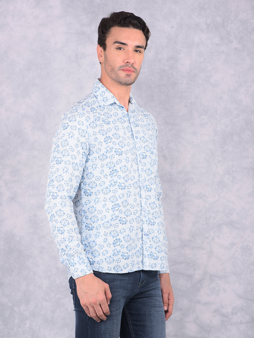 Blue Floral Print 100% Cotton Shirt-Men Shirts-Crimsoune Club
