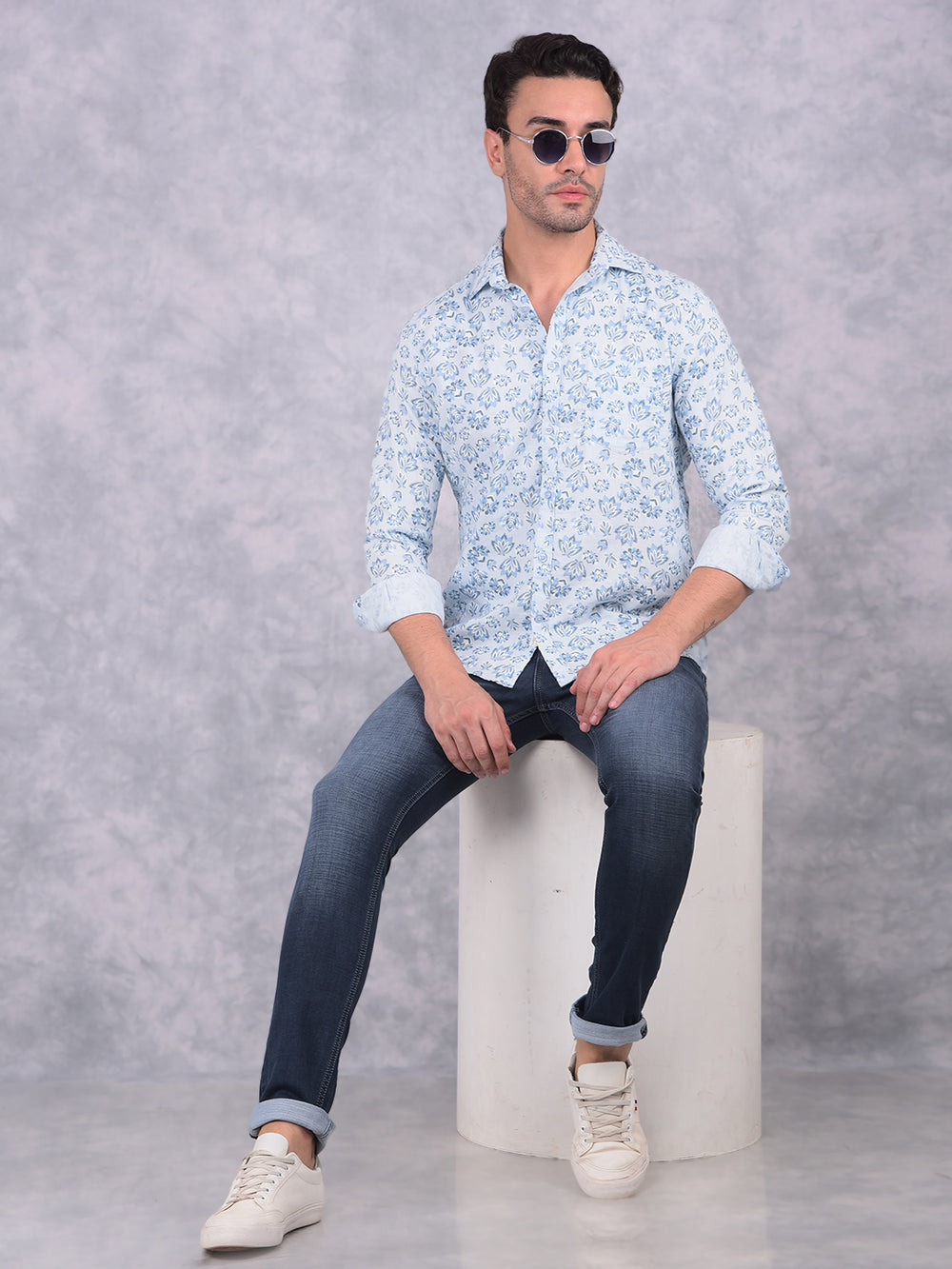 Blue Floral Print 100% Cotton Shirt-Men Shirts-Crimsoune Club