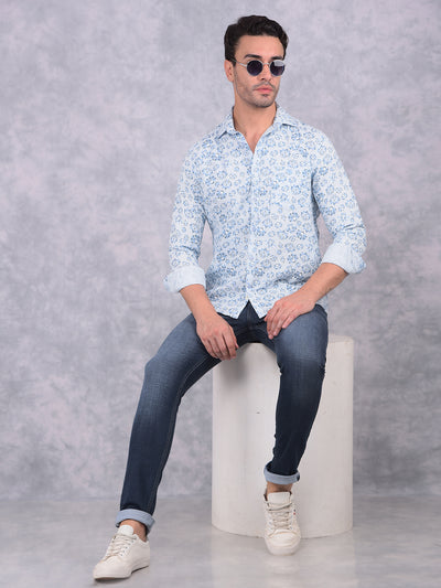 Blue Floral Print 100% Cotton Shirt-Men Shirts-Crimsoune Club