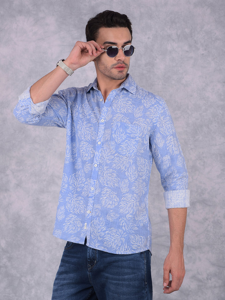 Blue Floral Print Linen Shirt-Men Shirts-Crimsoune Club