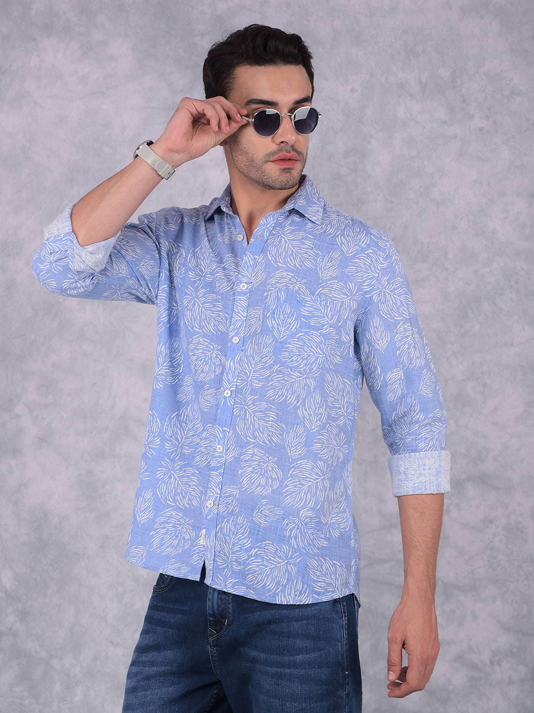 Blue Floral Print Linen Shirt-Men Shirts-Crimsoune Club