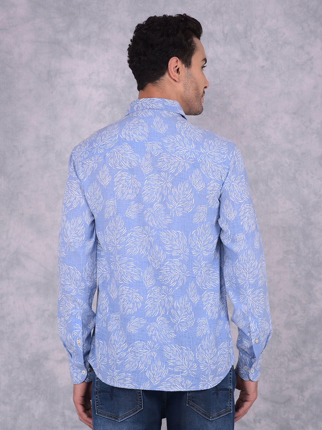 Blue Floral Print Linen Shirt-Men Shirts-Crimsoune Club