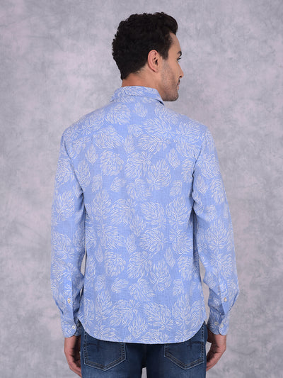 Blue Floral Print Linen Shirt-Men Shirts-Crimsoune Club